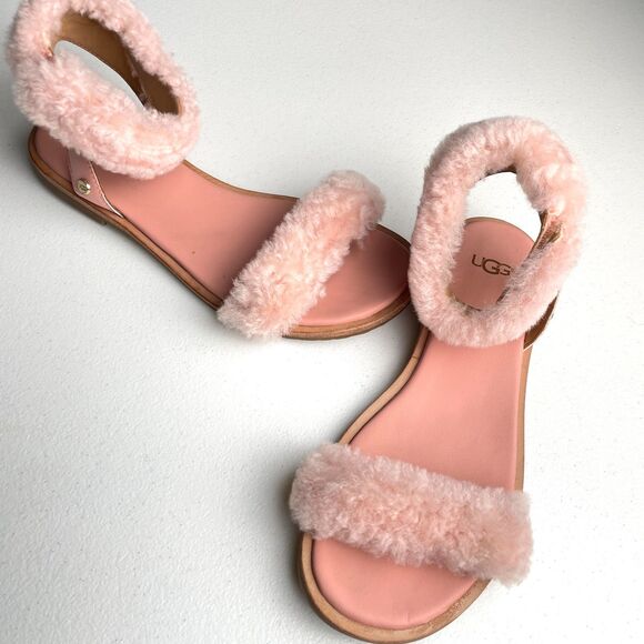 UGG Fluff Springs Genuine Shearling Sandal Sz 6 Ankle Strap Pastel Pink Coquette - Picture 4 of 8